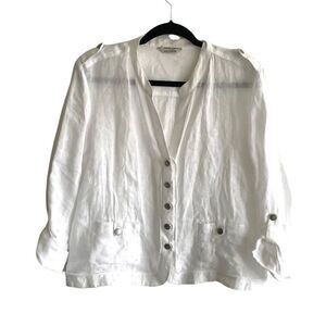 GERARD DAREL Linen Button Front Shirt Blouse Jacket Blazer Roll Sleeves White 12